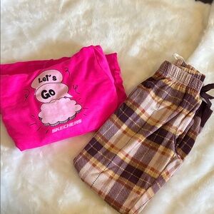 Skechers Bright Pink Sweatshirt and Plaid Old Navy Pajama Bottoms